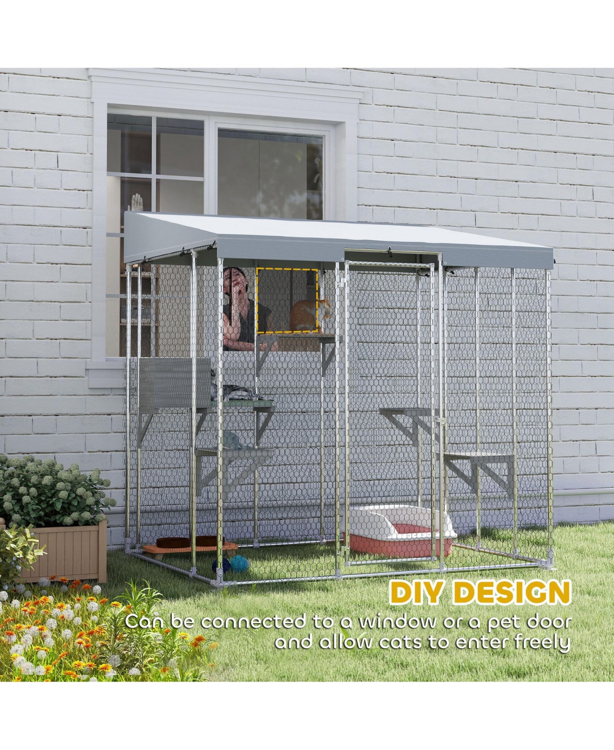 PawHut 79" Large Catio, Galvanized Steel Outdoor Cat Enclosure with Canopy