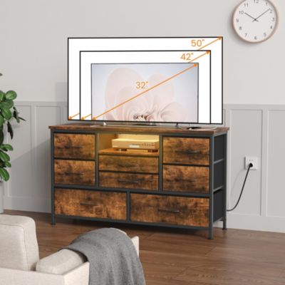 47" TV Stand Dresser with 8 Fabric Drawers, RGB LED Lights and Power Outlets, Wood-Top Console for TVs up to 55