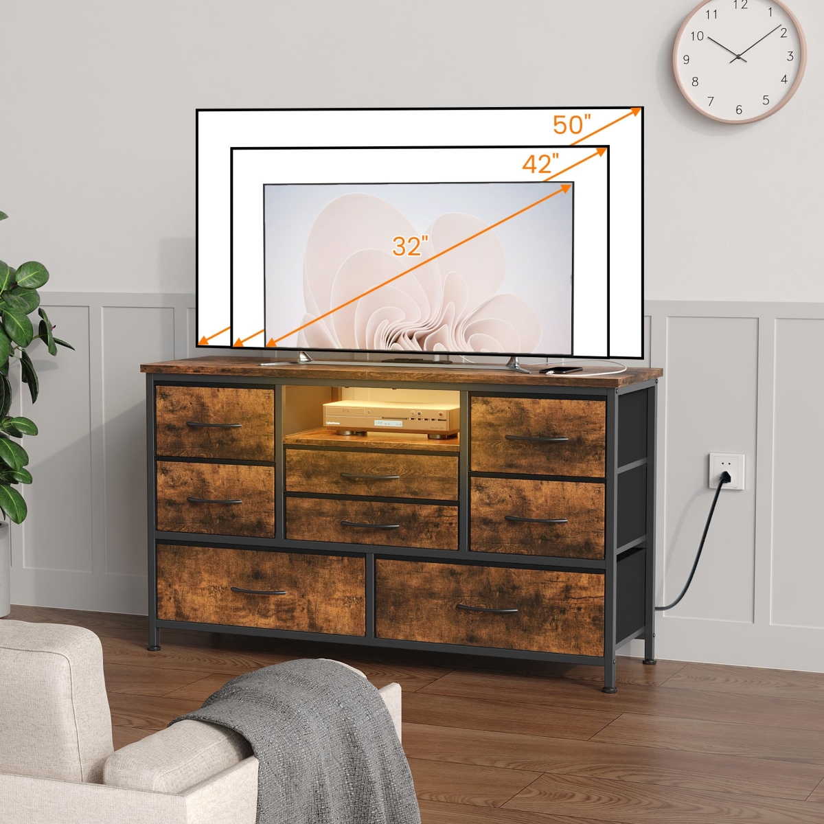 gaomon 47" Tv Stand Dresser with 8 Fabric Drawers, Rgb Led Lights and Power Outlets, Wood-Top Console for TVs up to 55 - Brown