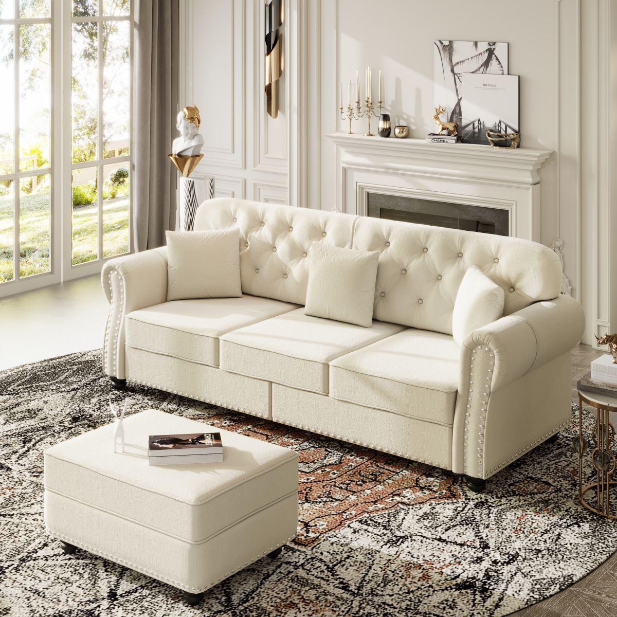 Streamdale Furniture Velvet Nailhead Rolled Arm Sofa with Ottoman