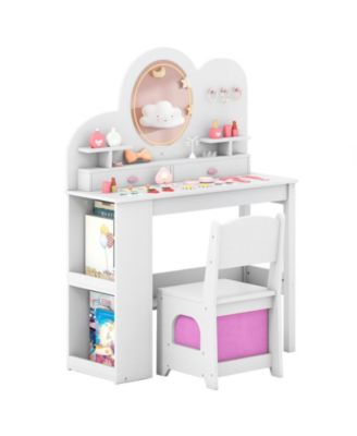 Kids Vanity Set with Chair, Lights, 2 Drawers and 2-Tier Bookshelf