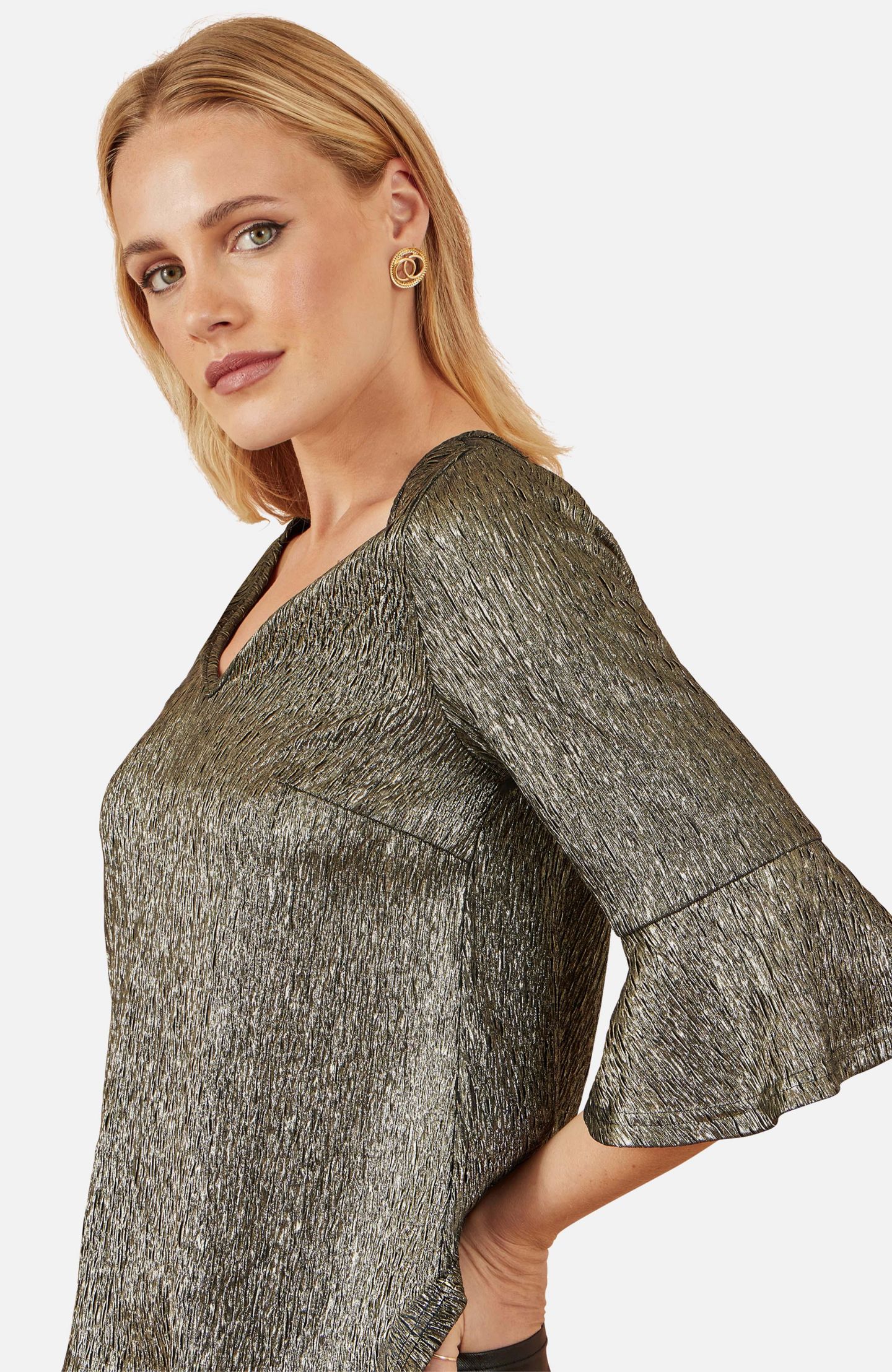 Женский топ Yumi Fluted Sleeve Metallic Stretch, цвет: Золотой — фото 5
