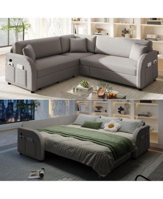L-Shaped Sofa with Pull-Out Bed, Teddy Upholstered Sectional