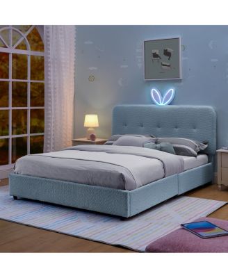 Kids Upholstered Bed With Rabbit Headboard, LED and Drawers