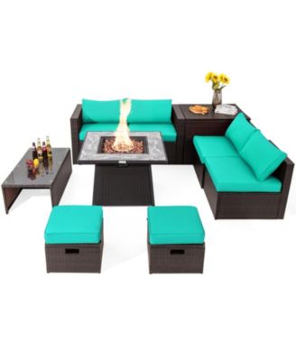 9 Piece Outdoor PE Wicker Sectional Conversation Set with 50000 BTU Propane Fire Pit Table