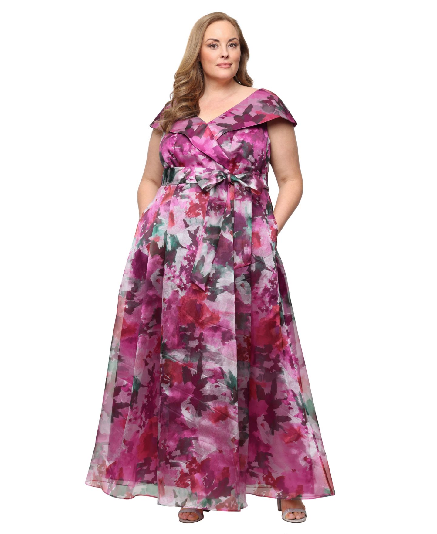 Женское платье Alex Evenings Printed V-Neck Long A-Line Gown, цвет: Фуксия разноцветный — фото 2