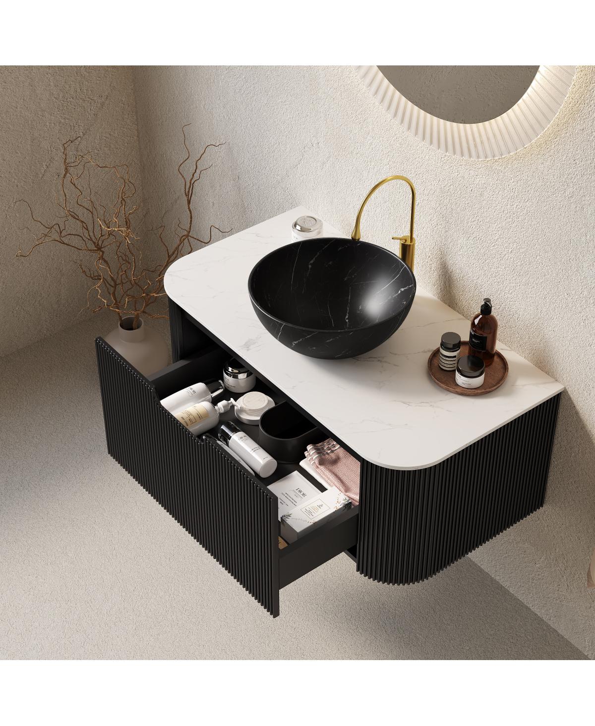 Sillysis Wall Mounted Bathroom Vanity, Carrara Sintered Stone Top , Striped Plywood Cabinet