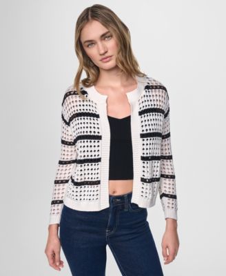 Women's Relaxed-Fit Stripe Open Stitch Drop Shoulder Open-Front Cardigan
