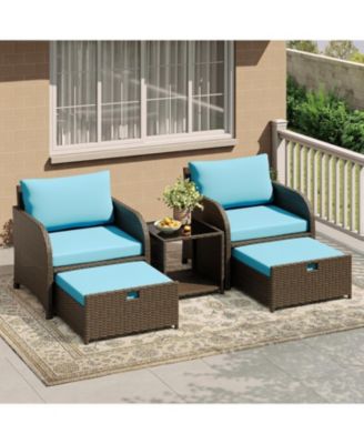 5-Piece PE Rattan Patio Set with Ottomans and Glass Table, All-Weather Outdoor Conversation Furniture for Garden.