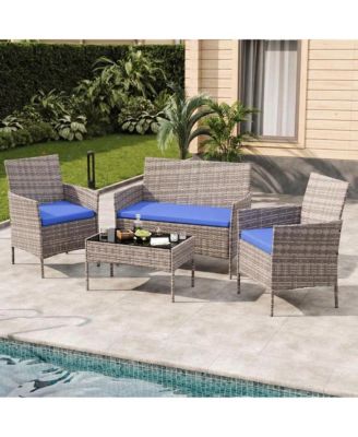 4 Piece Outdoor PE Rattan Conversation Set with Cushions and Tempered Glass Table, Loveseat plus 2 Chairs