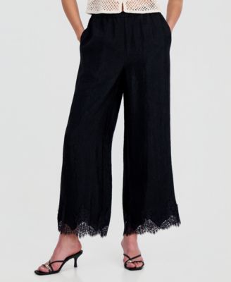 Women's Crinkle Satin Lace-Hem Pull-On Pants