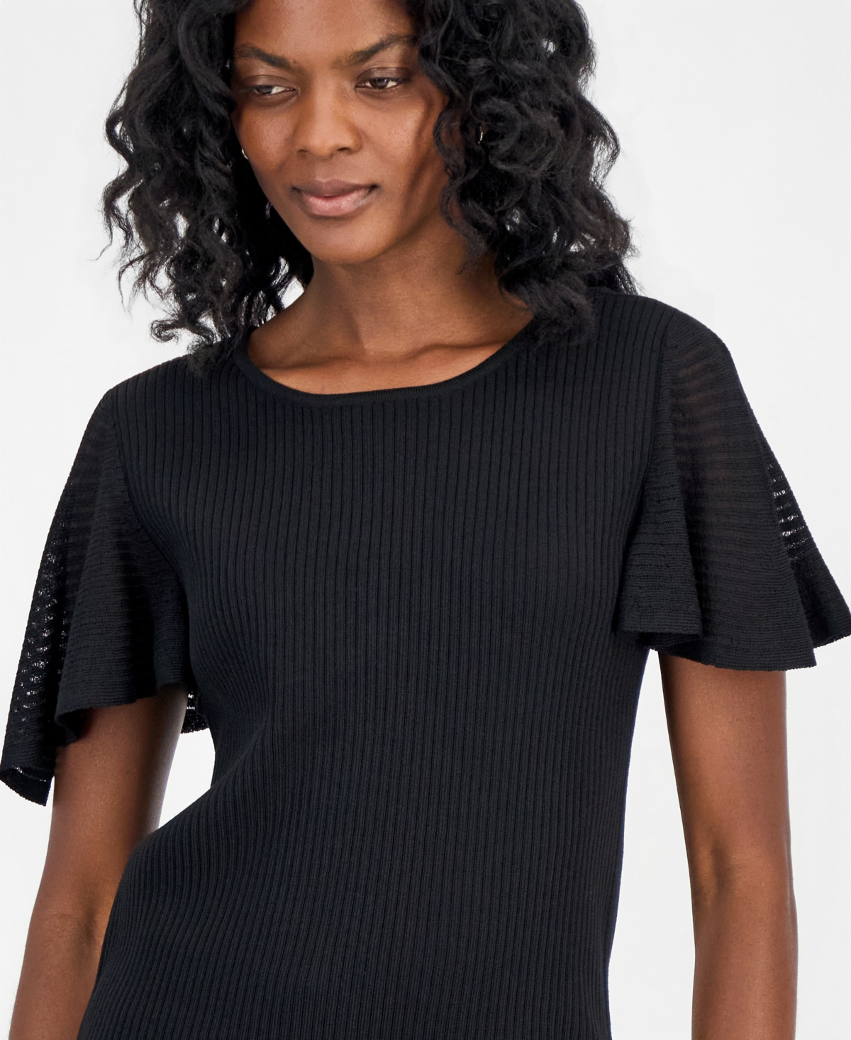 Kasper Women's Crewneck Flutter-Sleeve Rib-Knit Sweater