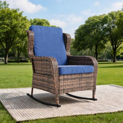 Outdoor Resin Wicker Rocking Chair with Cushions, All-Weather Patio Rocker for Porch, Deck, Garden or Balcony