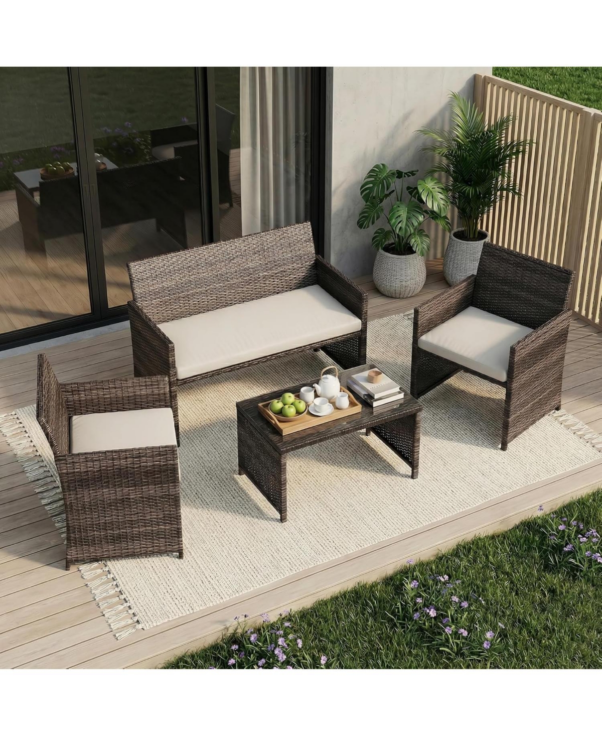 GarveeLife 4-Piece Outdoor Patio Furniture Set, Pe Rattan Conversation Set with Loveseat, 2 Chairs and Tempered Glass Coffee Table