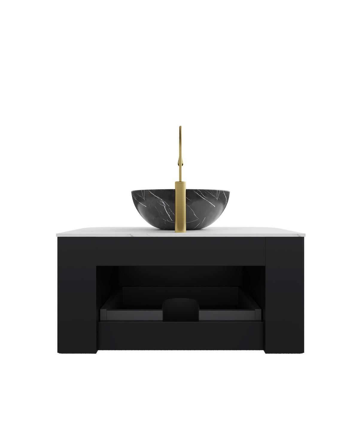 Sillysis Wall Mounted Bathroom Vanity, Artificial Marble Top with Bowl Sink, Striped Plywood Cabinet