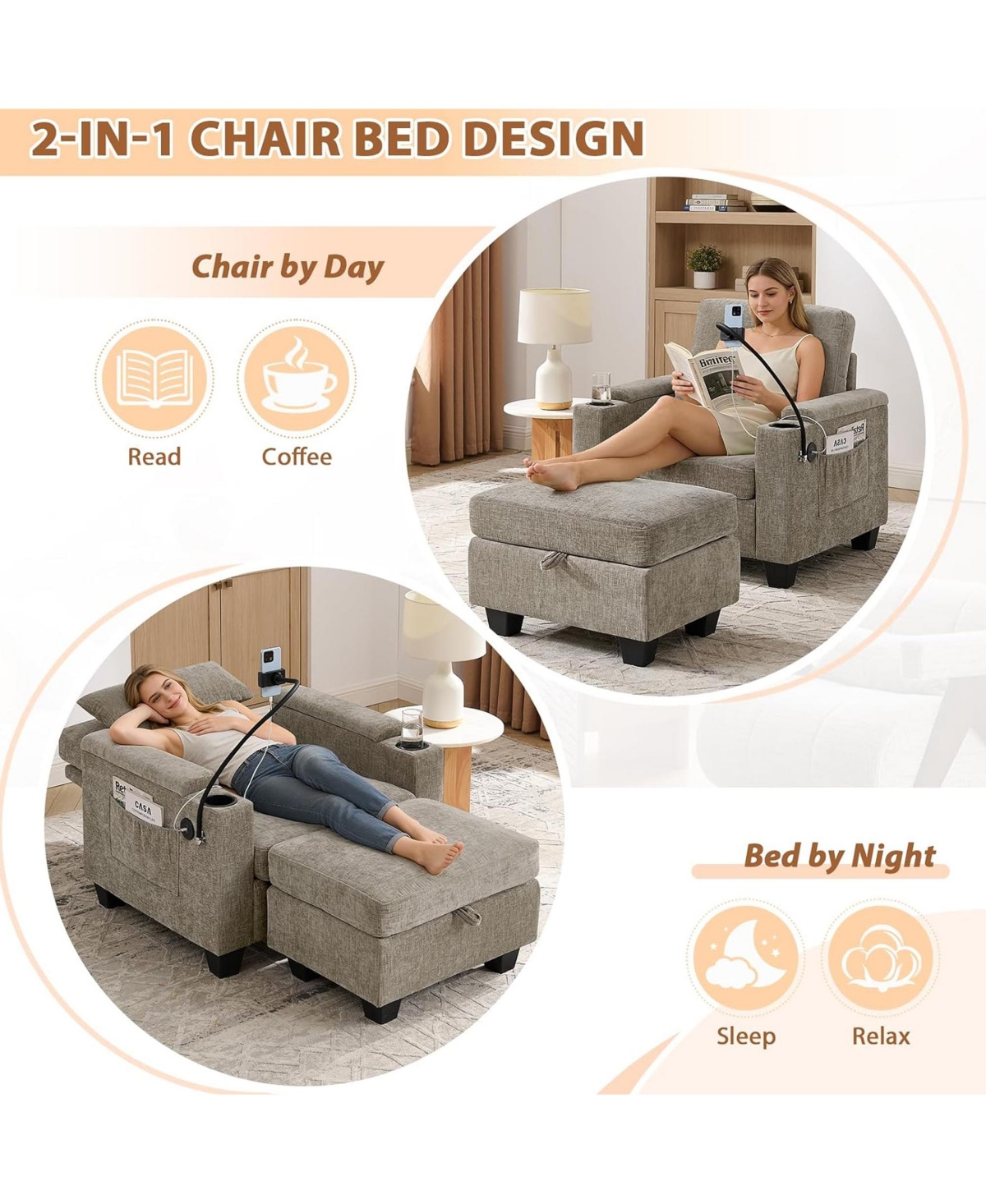 Rainsken Single Convertible Sleeper Chair and Ottoman Set, Accent Lounge Bed with Usb Charging Port and Phone Holder for Living Room