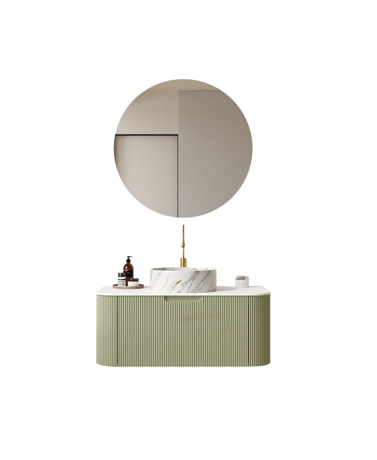 Sillysis Wall Mounted Bathroom Vanity, Artificial Marble Top with Round Ceramic Basin, 3D Striped Plywood Cabinet