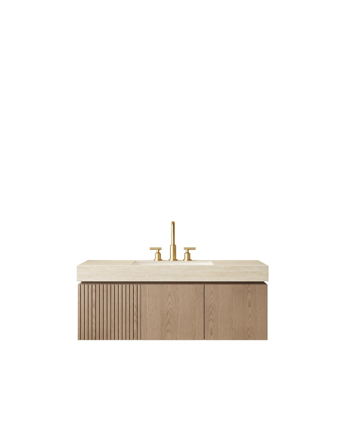 Sillysis Wall Mounted Bathroom Vanity, Travertine Pattern Sintered Stone Top, 3-Hole Ceramic Sink, Soft Close Cabinet