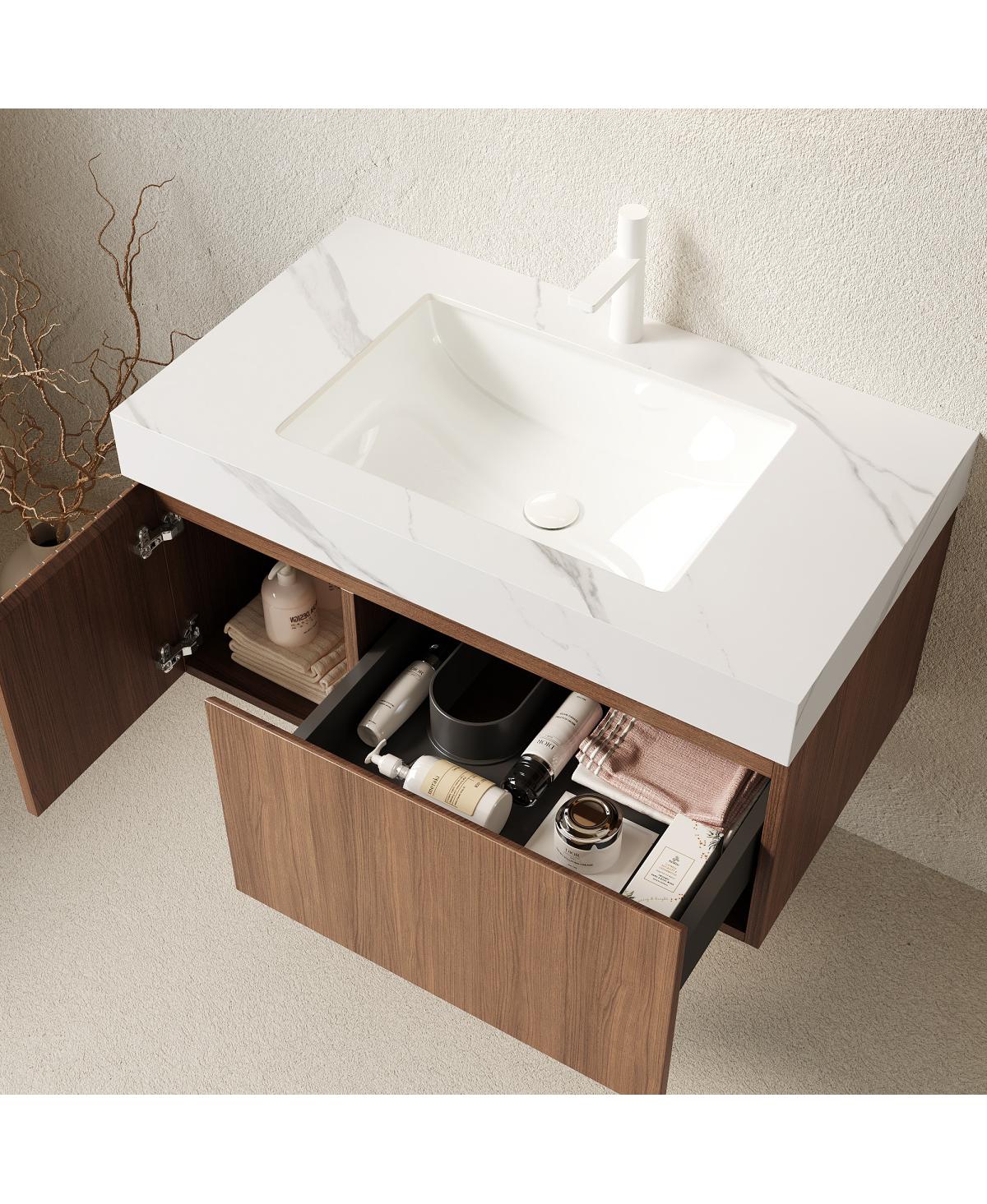 Sillysis Wall Mounted Bathroom Vanity, Carrara Sintered Stone Top, Undermount Ceramic Sink, Soft Close Door
