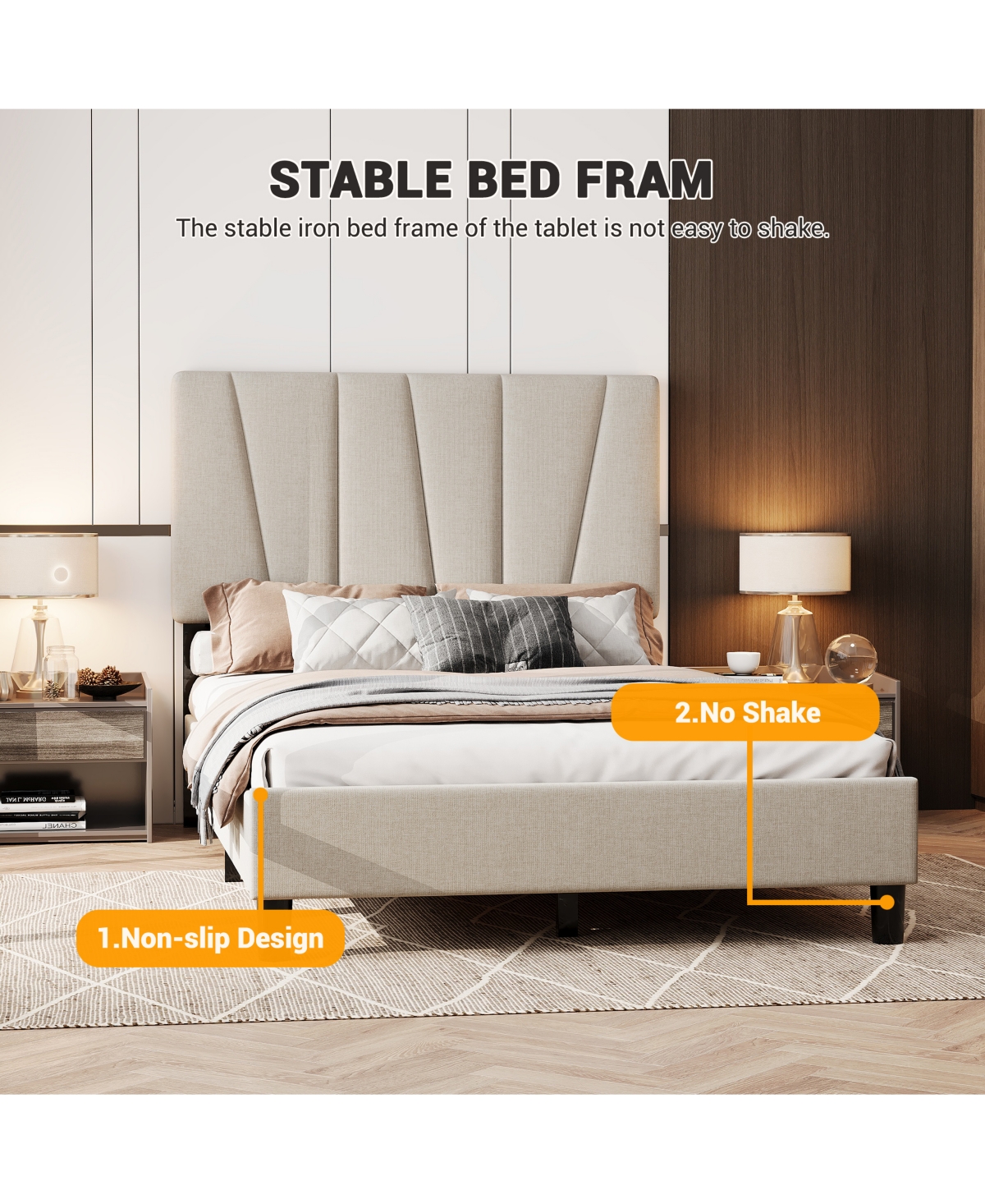 homfan Upholstered Platform Bed Frame with 3-Height Adjustable Headboard, Slat Support, No Box Spring Needed
