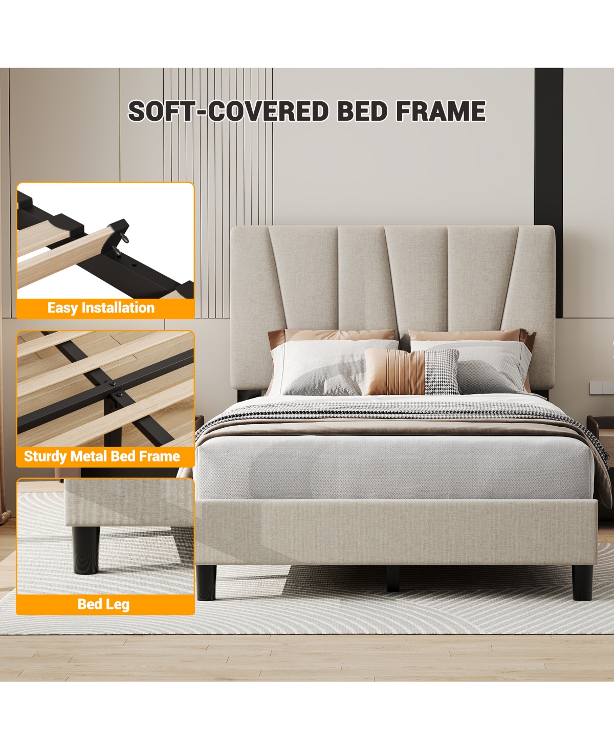 homfan Upholstered Platform Bed Frame with 3-Height Adjustable Headboard, Slat Support, No Box Spring Needed