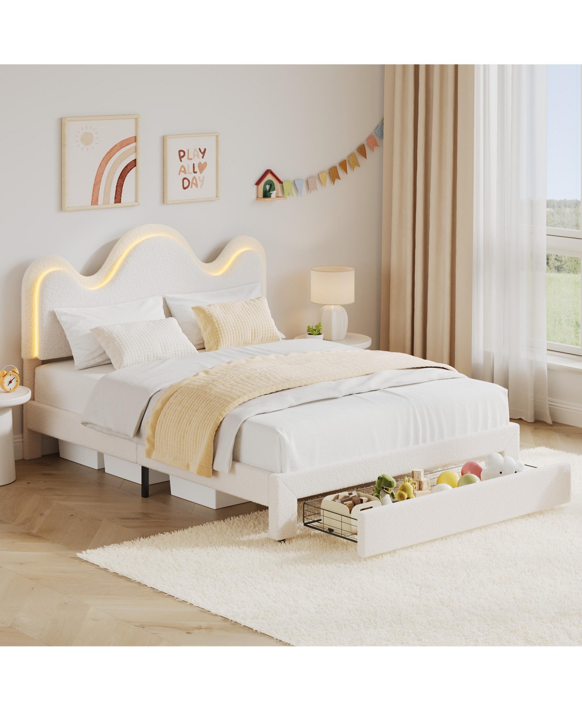 homfan Upholstered Led Platform Bed Frame with Flower Headboard and Storage Drawers, Wood Slat Support