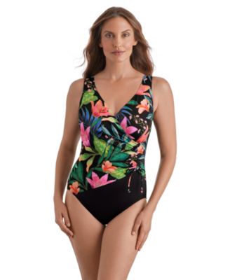 Women's Midnight Plumeria Shirred Faux Tie Surplice Extra Long Torso One-Piece Swimsuit