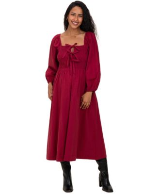 Women's Burgundy Bow Detail Smocked Midi Dress