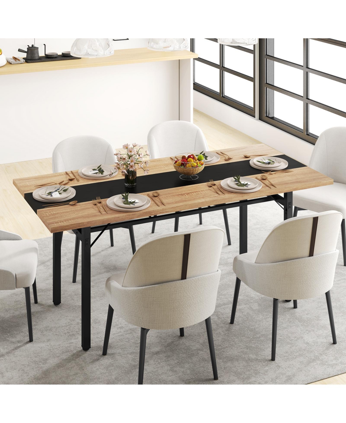 Gymax 71'' Long Large Wood Dinner Table 6 Ft Dining Table with Heavy-Duty Metal Frame