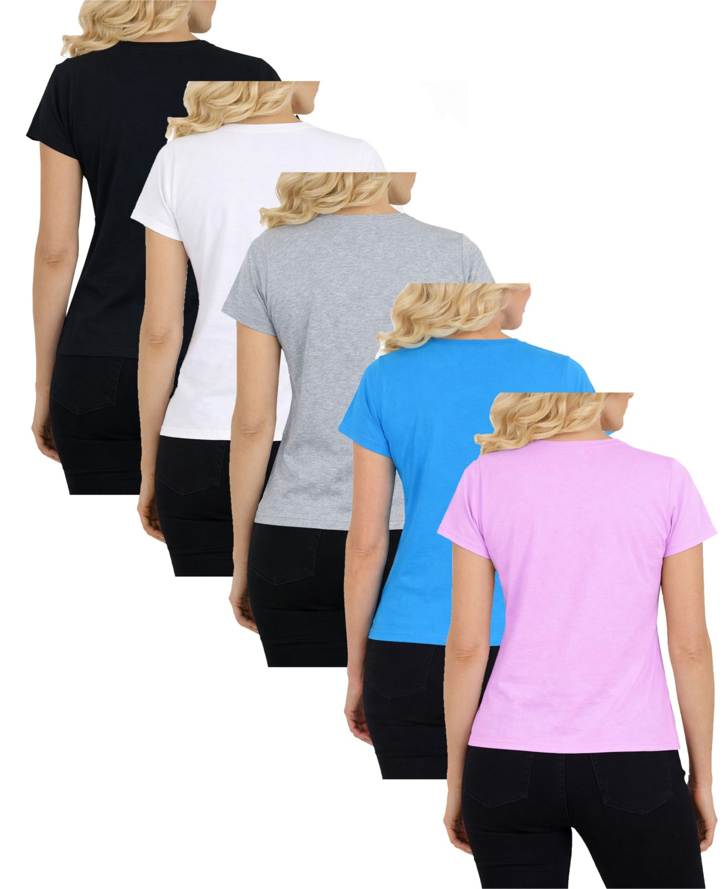 Женские футболки Galaxy By Harvic Divatee Relaxed Fit V-Neck Short Sleeve T-Shirt-5 Pack, цвет: Bk-Wh-Hg-Aq-Bp — фото 3