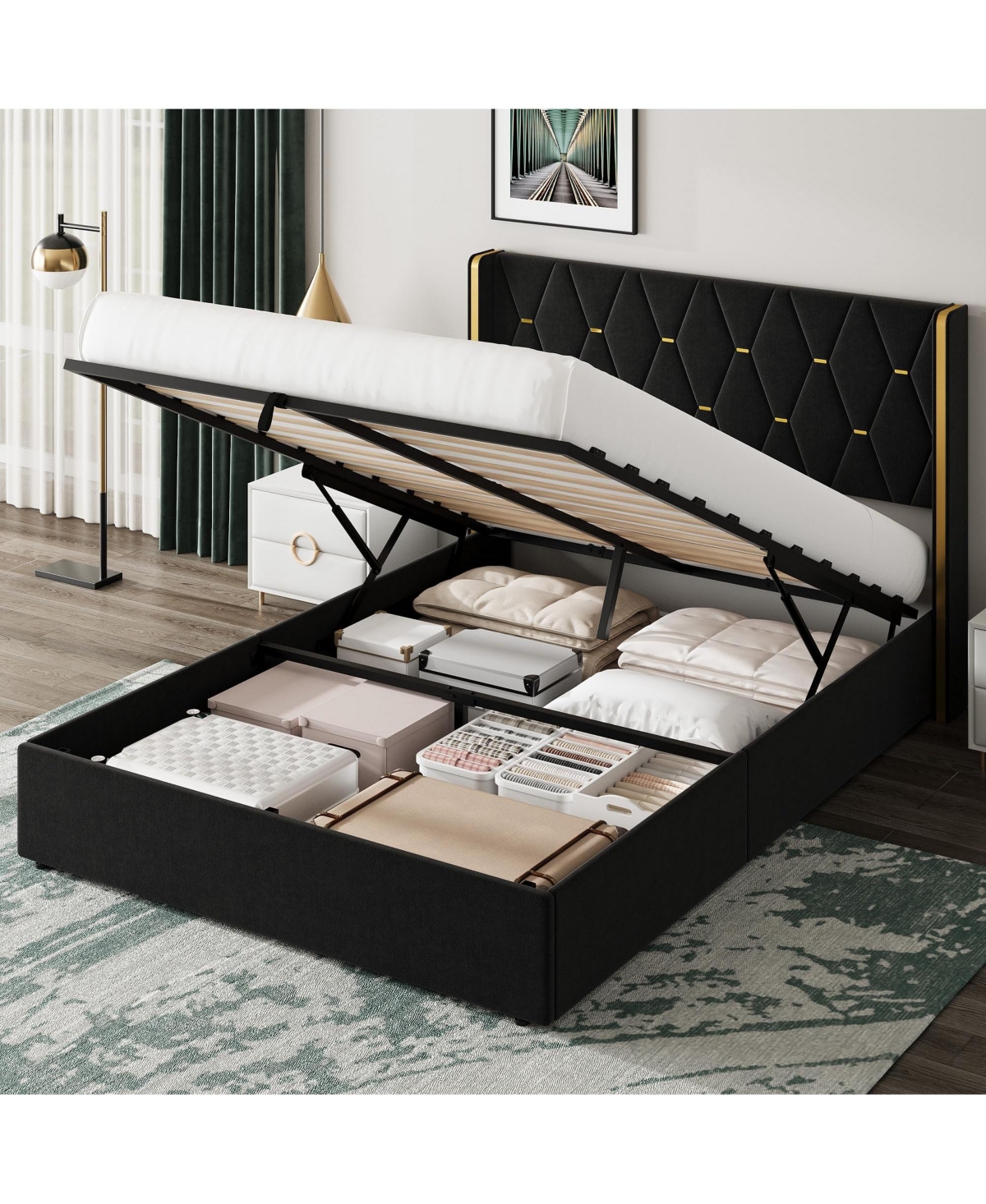 homfan Velvet Lift-Up Storage Bed Frame with Wingback Headboard and Gold Trim, Diamond Tufted Platform Bed