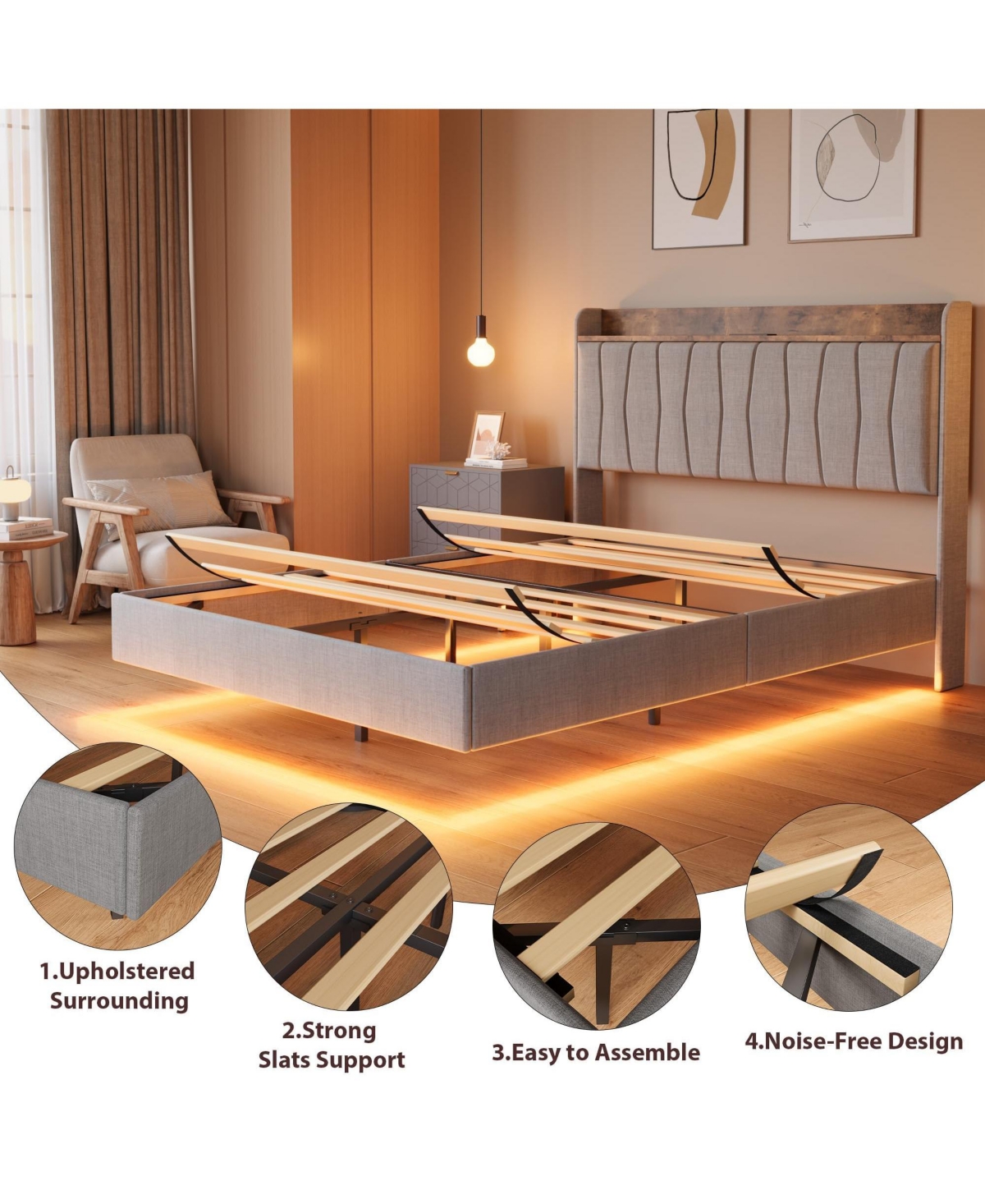 homfan Floating Platform Bed Frame with Led Lights, Charging Station and Storage Headboard, Upholstered Bed