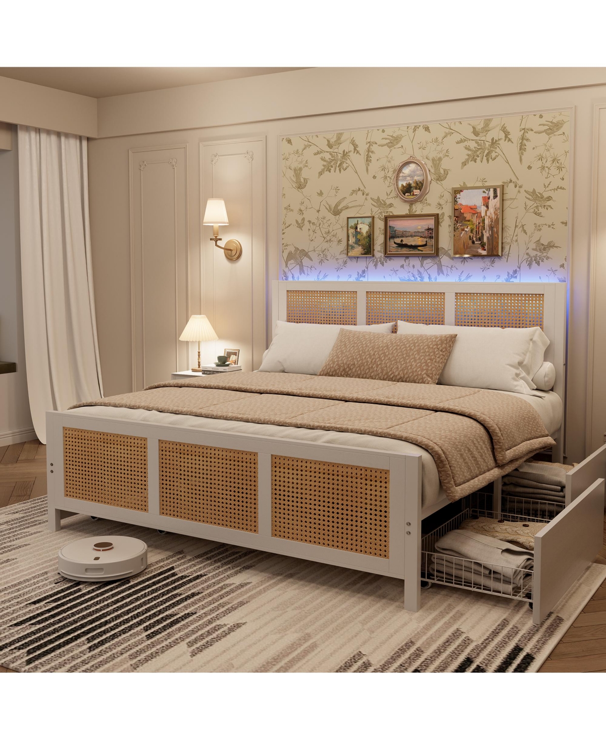 homfan Rattan Platform Bed Frame with Led Headboard and 4 Drawers