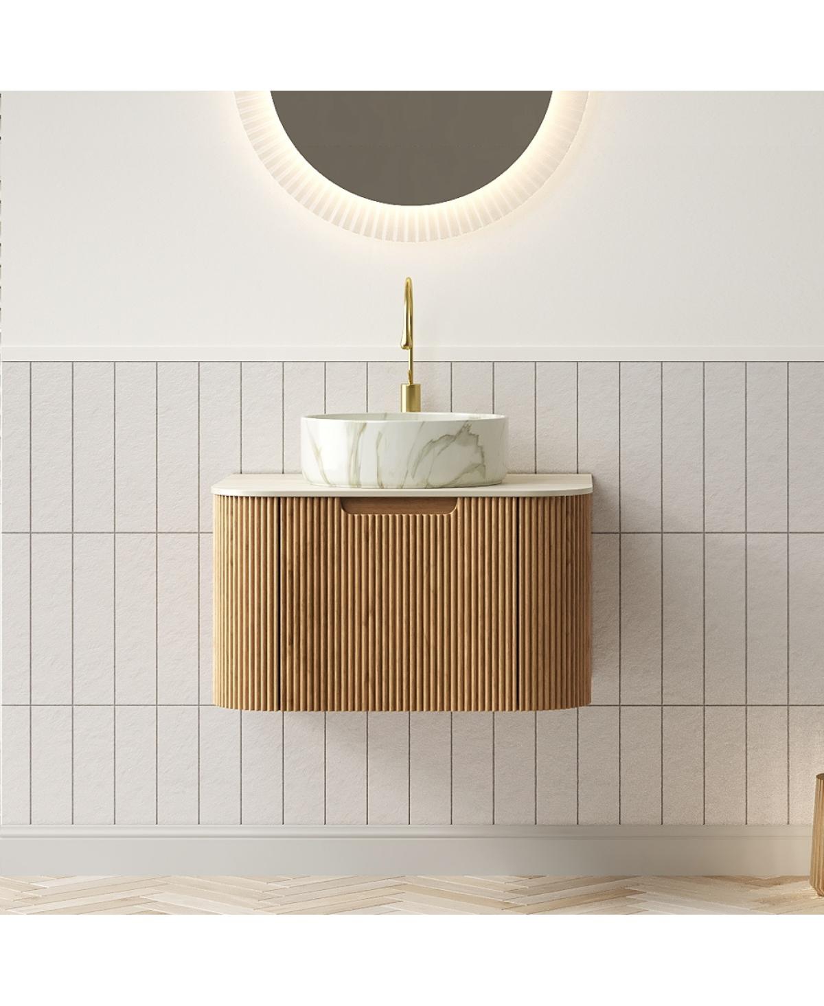 Sillysis Wall Mounted Bathroom Vanity with Sintered Stone Top, Round Ceramic Sink, Wood Grain Drawer