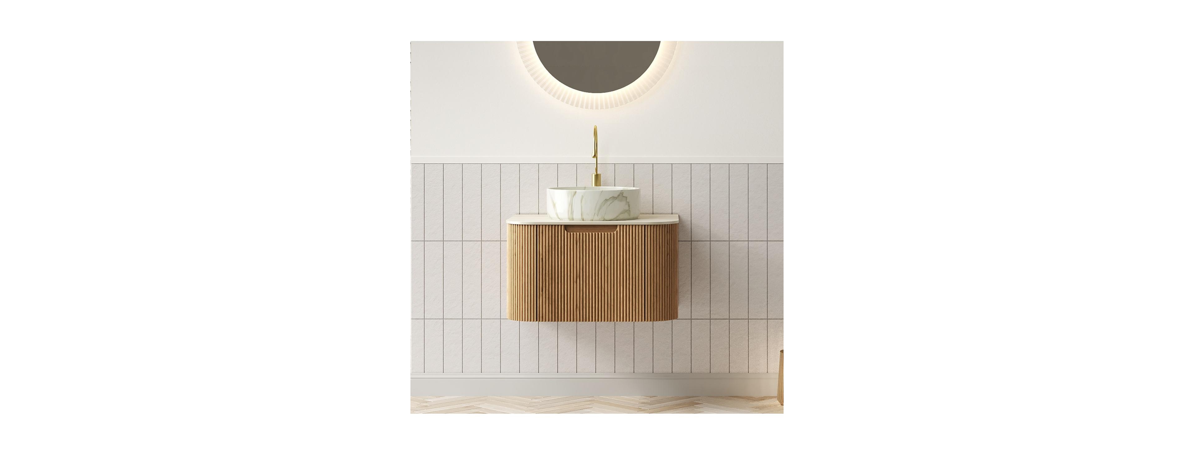 Sillysis Wall Mounted Bathroom Vanity with Sintered Stone Top, Round Ceramic Sink, Wood Grain Drawer