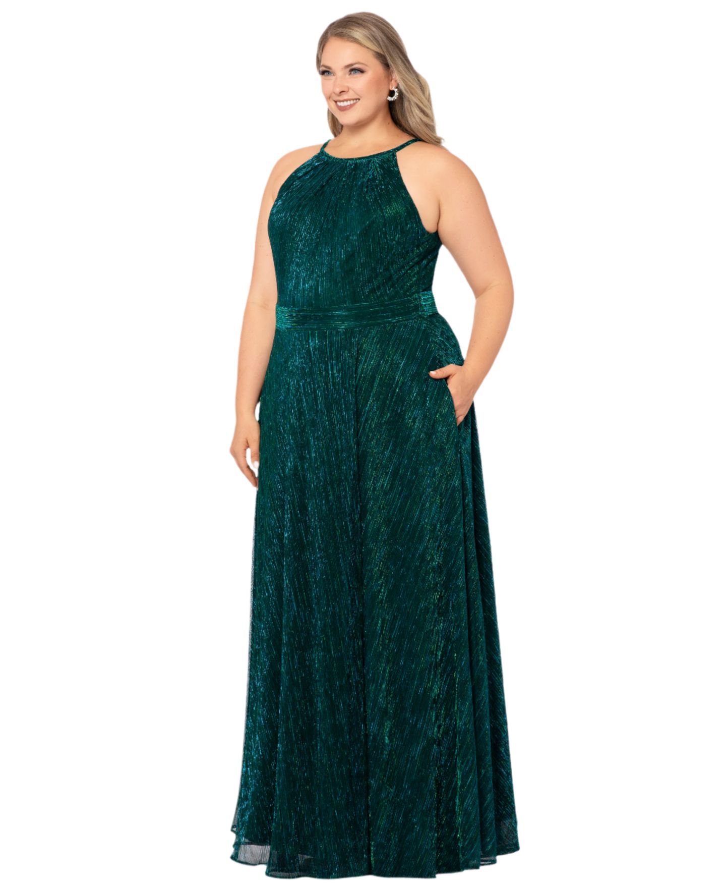 Женское платье B&A By Betsy and Adam Plus Size Metallic Halter Gown, цвет: Нефритовый — фото 3