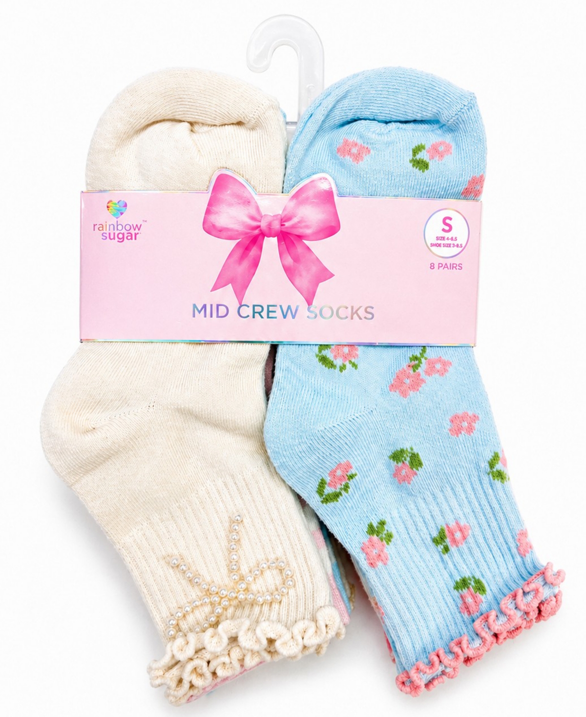 Rainbow Sugar Girls' 4-8.5 Mid Crew Socks, 8-Pack