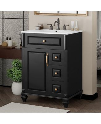   Freestanding Vanity With Ceramic Sink, Solid Wood and MDF Cabinet, Flip-Out Drawer 3 Drawers