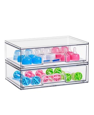 2 Pack Clear Wide Stackable Pull-Out Storage Organizer Bins for Baby Bottles, Bathroom, Kitchen and More