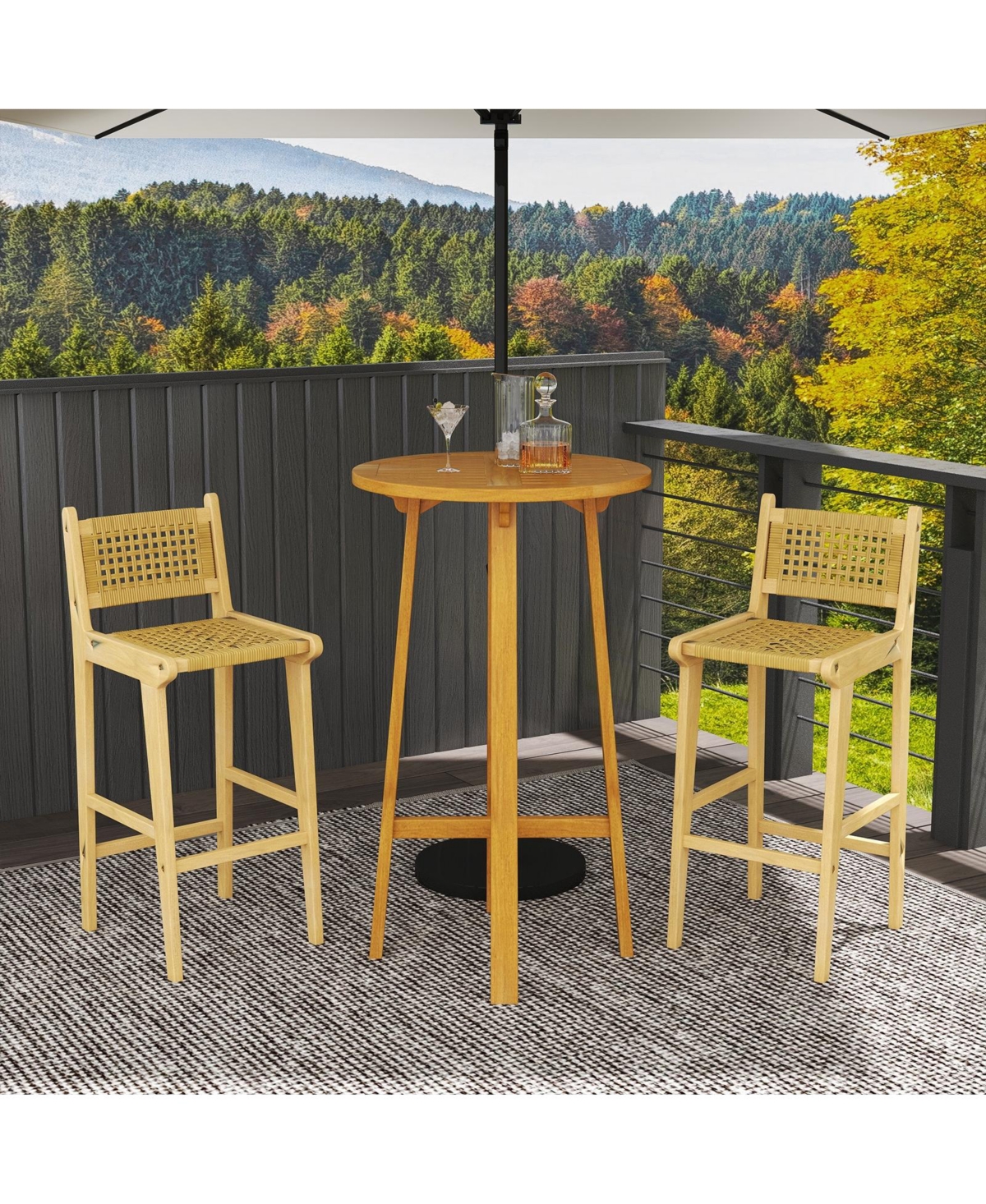 Slickblue Outdoor Teak Wood Bar Stool with Rattan Seat and Backrest