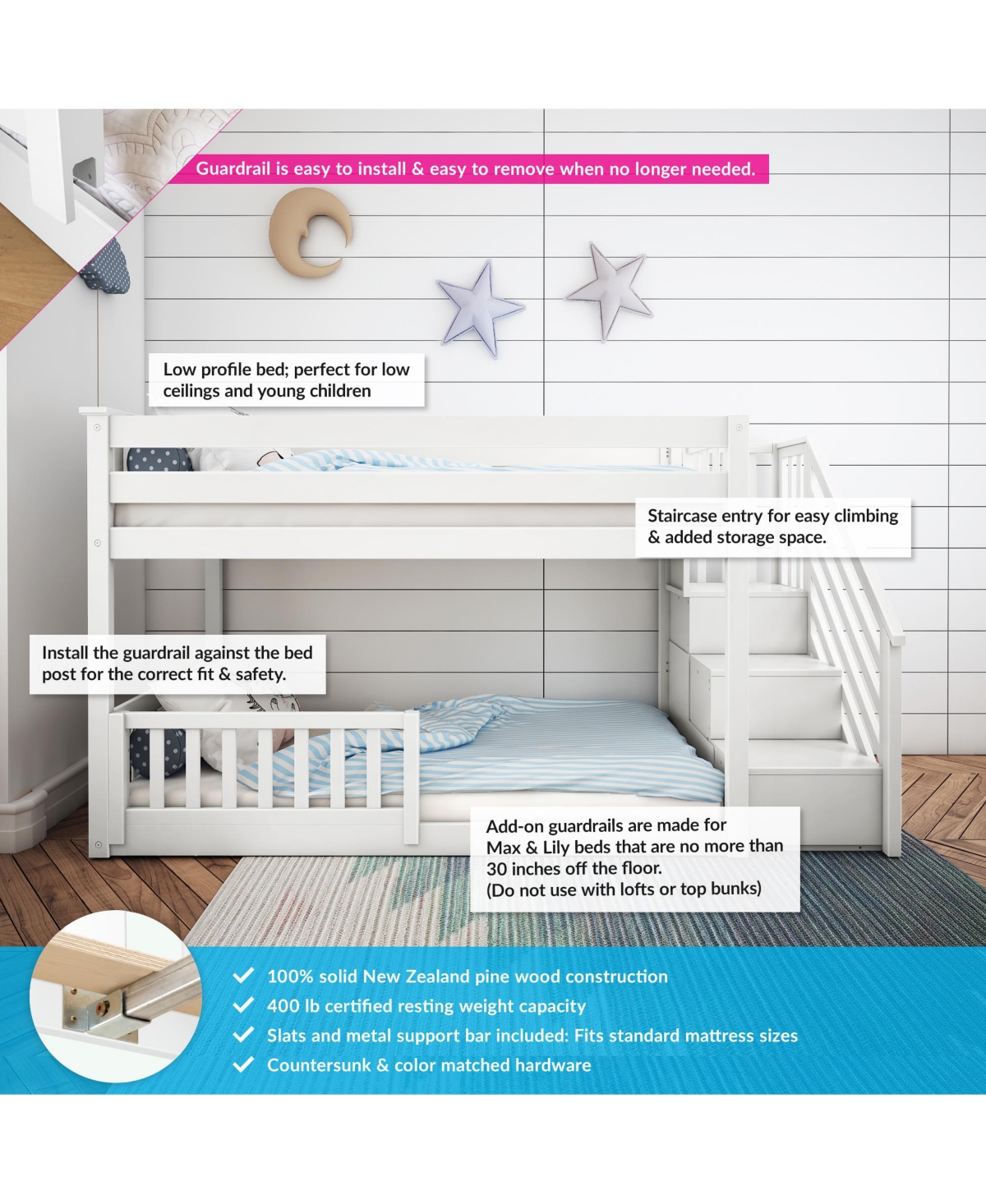Max Lily Low Twin over Bunk with Stairs Single Guard Rail