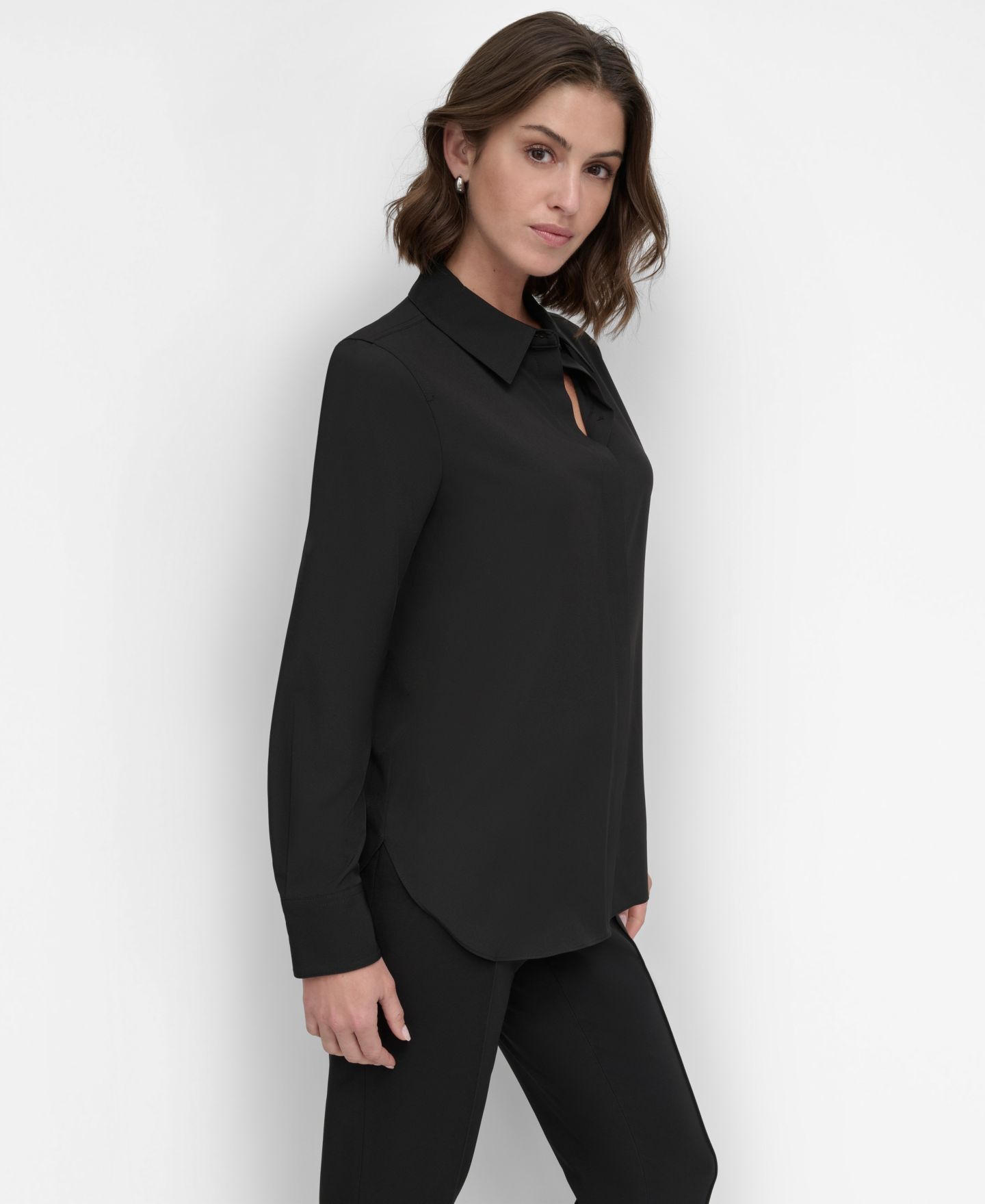 Женская рубашка DKNY Petite Long-Sleeve Button-Front, цвет: Чёрный — фото 3