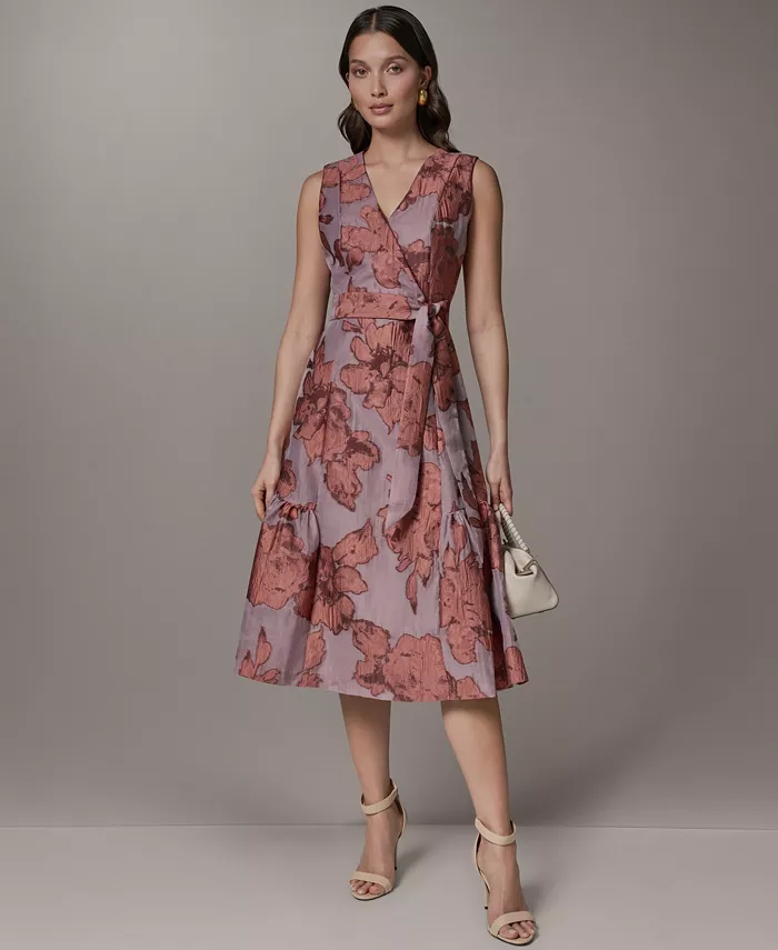 Women's Sleeveless Jacquard Faux Wrap V-Neck Floral Midi A-Line Dress