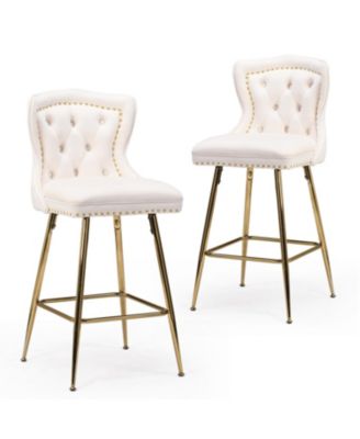 Bar Stools Set of 2, Velvet Counter, Button Tufted and Nailheads Trim, with Metal Legs, for Kitchen Island Dining Room Pub