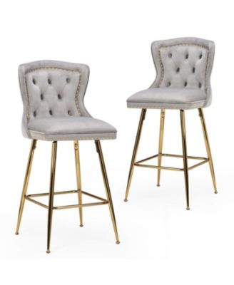 Bar Stools Set of 2, Velvet Counter, Button Tufted and Nailheads Trim, with Metal Legs, for Kitchen Island Dining Room Pub