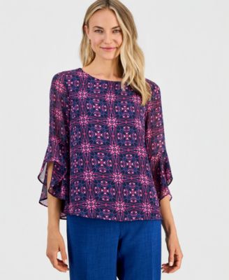 Women's Printed Boat-Neck Ruffle-Sleeve Blouse 