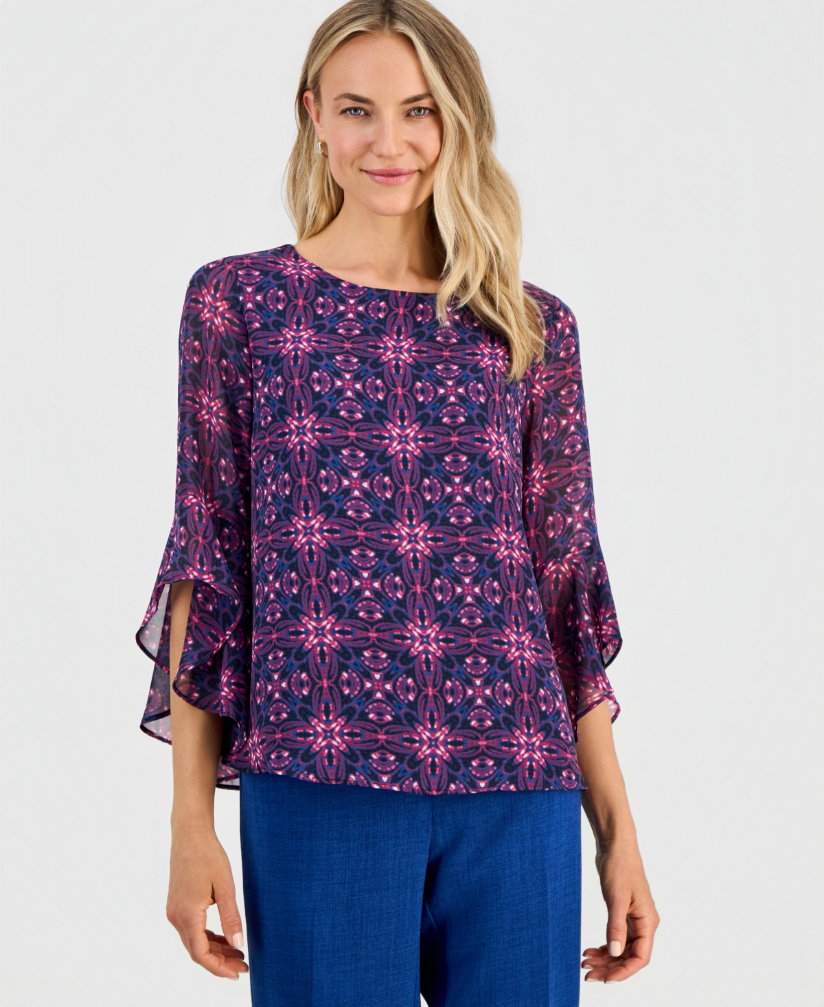 Kasper Petite Ruffle-Sleeve Boat Neck Blouse