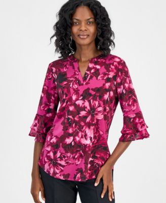 Petite Split Neck Flutter-Sleeve Blouse