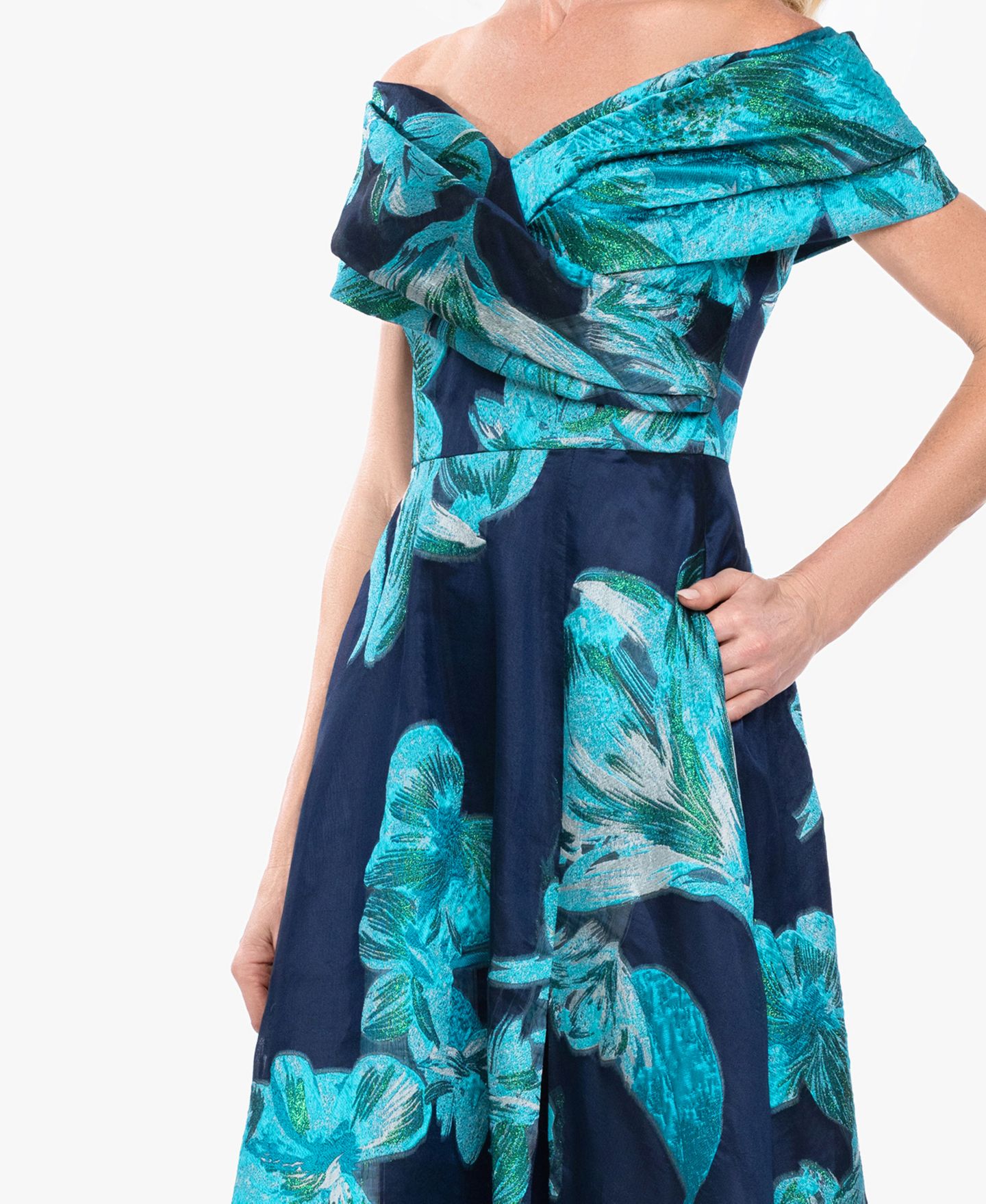 Женские платья Betsy & Adam Strapless Off-The-Shoulder Floral A-Line Ball Gown, цвет: Тёмно-синий / Бирюзовый — фото 3