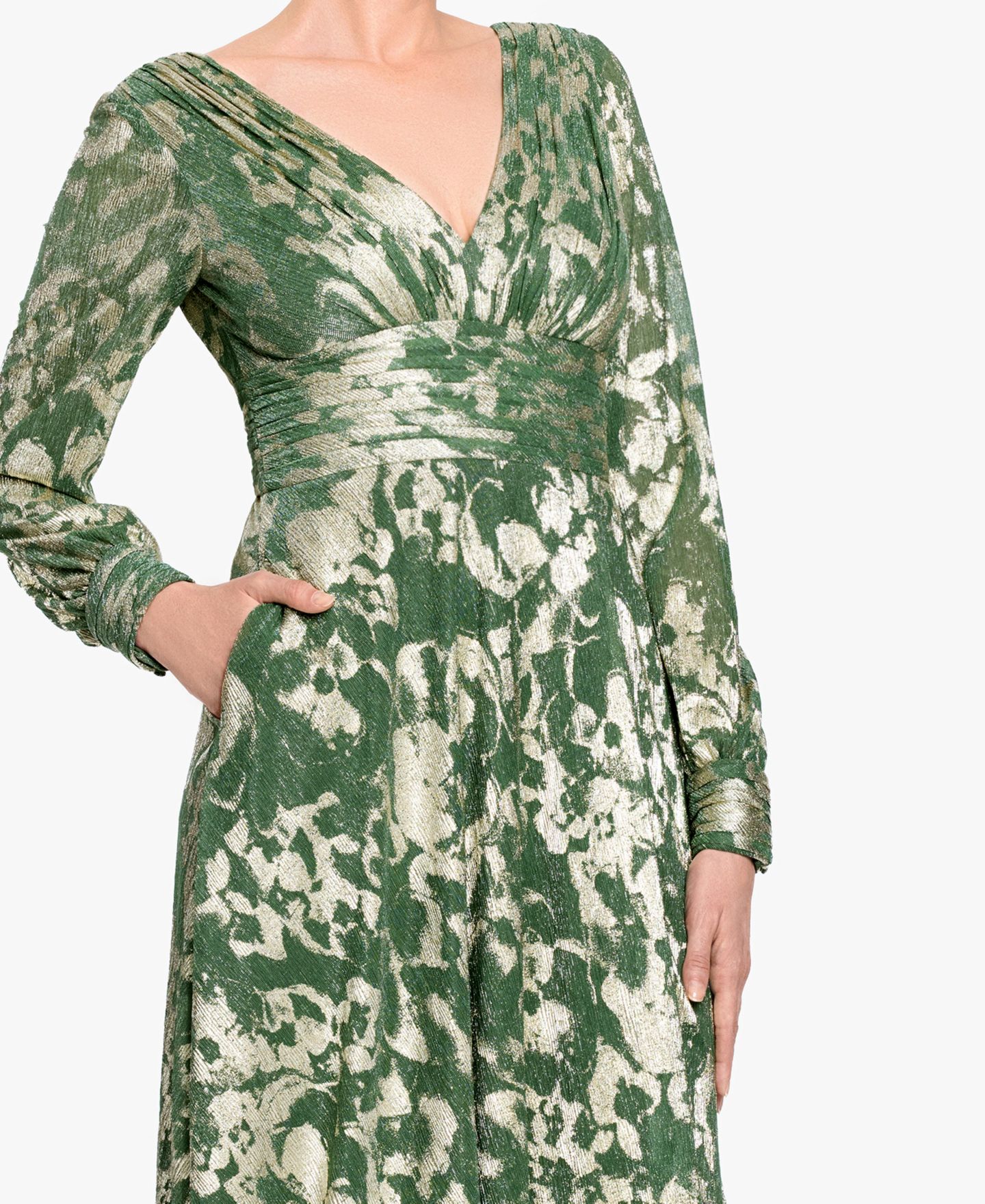 Женское платье Betsy & Adam Long-Sleeve V-Neck Metallic Floral Gown, цвет: Золотой — фото 4